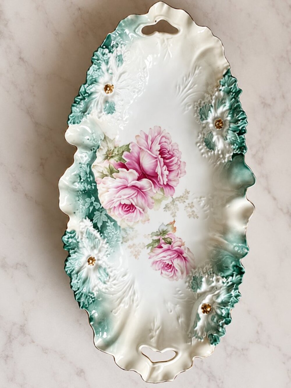 Antique RS Prussia 12" Hand Painted Porcelain Serving Tray Pink Roses Embossed